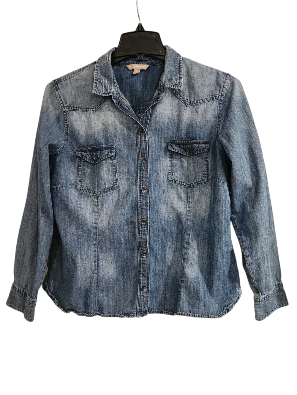 Banana Republic Women's Large Western Denim Shirt Blue Distressed Button Up